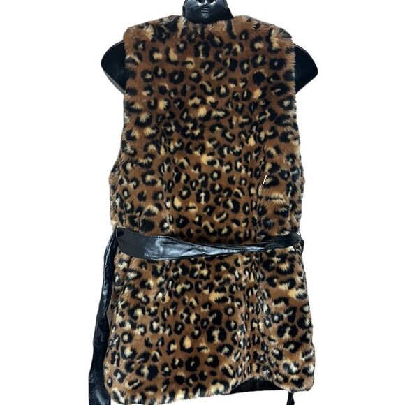 Forever 21 faux fur leopard long line sleeveless cardigan beltedmedium mob wife - Picture 5 of 6
